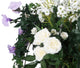 Artificial White and Purple Rose, Daisy and Morning Glory Display in a 14″ Round Willow Hanging Basket - Closer2Nature