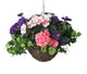 Artificial Purple Pansy, Pink Azalea and Geranium Display in a 10″ Round Willow Hanging Basket - Closer2Nature