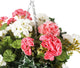 Artificial Pink and White Geranium Display in a 10″ Round Willow Hanging Basket - Closer2Nature