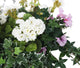 Artificial White Geranium and Pink Morning Glory Display in a 14″ Round Willow Hanging Basket - Closer2Nature
