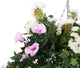 Artificial White Geranium and Pink Morning Glory Display in a 14″ Round Willow Hanging Basket - Closer2Nature