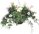 Artificial White Geranium and Pink Morning Glory Display in a 14″ Round Willow Hanging Basket - Closer2Nature