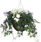 Artificial White and Purple Rose, Daisy and Morning Glory Display in a 14″ Round Willow Hanging Basket - Closer2Nature