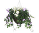 Artificial White and Purple Rose, Daisy and Morning Glory Display in a 14″ Round Willow Hanging Basket - Closer2Nature