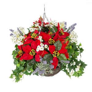 Closer2Nature Artificial Red Poinsettia, White Daisy & Lavender Display in a 12'' Round Willow Christmas Hanging Basket - Closer2Nature