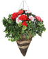 Artificial Red and Pink Geranium and Azalea Display in a 12" Cone Willow Hanging Basket