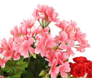 Artificial 43cm Pink and Red Geranium Display in an 18cm White Round Pot - Closer2Nature