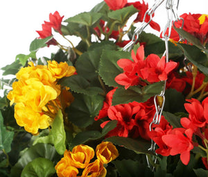 Artificial Red and Yellow Begonia Display in a 10″ Round Willow Hanging Basket - Closer2Nature