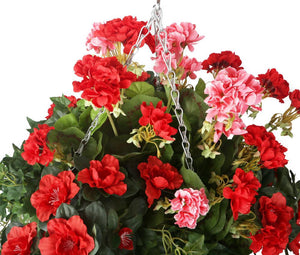 Artificial Red and Pink Azalea and Geranium Display in a 14″ Round Willow Hanging Basket - Closer2Nature