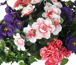 Artificial Purple Pansy, Pink Azalea and Geranium Display in a 10″ Round Willow Hanging Basket - Closer2Nature