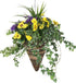 Artificial Purple and Yellow Pansy Display in a 12" Cone Willow Hanging Basket