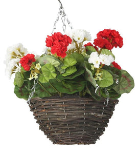 Artificial Red and White Geranium Display in a 10″ Round Willow Hanging Basket - Closer2Nature