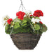 Artificial Red and White Geranium Display in a 10" Round Willow Hanging Basket