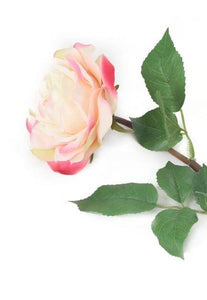 Artificial 92cm Single Stem Fully Open Cream and Pink Rose - Closer2Nature