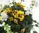 Artificial Yellow and White Pansy and Geranium Display in a 14″ Round Willow Hanging Basket - Closer2Nature