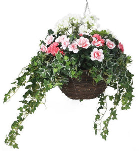 Artificial Pink and White Azalea and Geranium Display in a 14″ Round Willow Hanging Basket - Closer2Nature