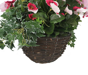 Artificial Pink Pansy and White Geranium Display in a 10″ Round Willow Hanging Basket - Closer2Nature