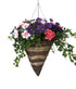 Artificial Purple Pansy, Pink Azalea and Geranium Display in a 12" Cone Willow Hanging Basket