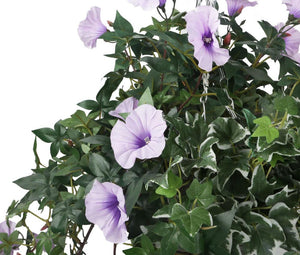 Artificial Purple Morning Glory Display in a 10″ Round Willow Hanging Basket - Closer2Nature