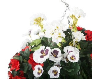 Artificial Red Azalea, White Pansy and Geranium Display in a 12″ Round Willow Hanging Basket - Closer2Nature