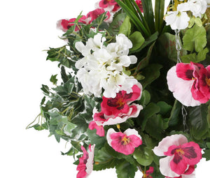 Artificial Pink Pansy and White Geranium Display in a 12″ Cone Willow Hanging Basket - Closer2Nature