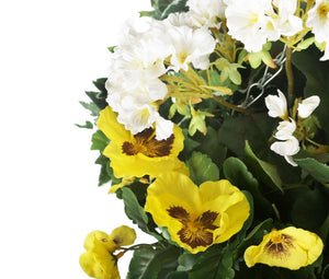 Artificial Yellow Pansy and White Geranium Display in a 10″ Round Willow Hanging Basket - Closer2Nature