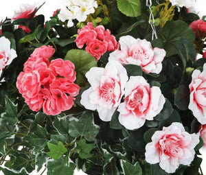 Artificial Pink and White Azalea and Geranium Display in a 12″ Round Willow Hanging Basket - Closer2Nature