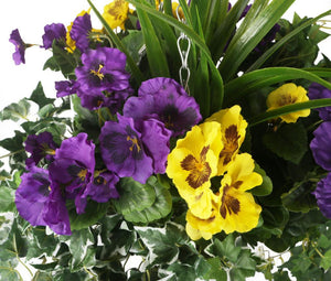 Artificial Purple and Yellow Pansy Display in a 10″ Round Willow Hanging Basket - Closer2Nature