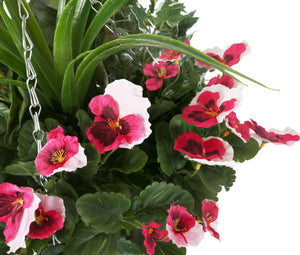 Artificial Pink Pansy and White Geranium Display in a 12″ Cone Willow Hanging Basket - Closer2Nature