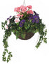 Artificial Purple Pansy, Pink Azalea and Geranium Display in a 14" Round Willow Hanging Basket