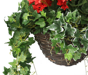 Artificial Red Begonia and Yellow Geranium Display in a 12″ Round Willow Hanging Basket - Closer2Nature