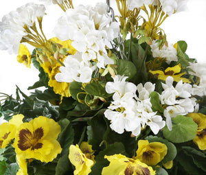 Artificial Yellow Pansy and White Geranium Display in a 12″ Cone Willow Hanging Basket - Closer2Nature
