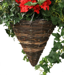 Artificial Red Begonia and Yellow Geranium Display in a 12″ Cone Willow Hanging Basket - Closer2Nature