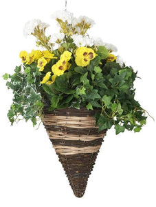 Artificial Yellow Pansy and White Geranium Display in a 12″ Cone Willow Hanging Basket - Closer2Nature