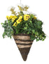 Artificial Yellow Pansy and White Geranium Display in a 12" Cone Willow Hanging Basket