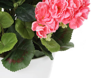 Artificial 32cm Pink Geranium and Azalea Display in a 15cm White Round Pot - Closer2Nature