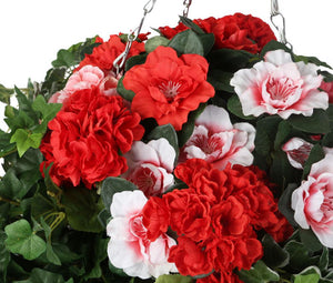 Artificial Red and Pink Geranium and Azalea Display in a 12″ Cone Willow Hanging Basket - Closer2Nature