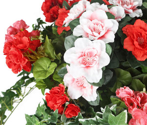 Artificial Red and Pink Geranium and Azalea Display in a 12″ Round Willow Hanging Basket - Closer2Nature