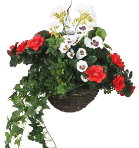Artificial Red Azalea, White Pansy and Geranium Display in a 10″ Round Willow Hanging Basket - Closer2Nature