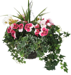 Artificial Pink Pansy and White Geranium Display in a 12″ Round Willow Hanging Basket - Closer2Nature