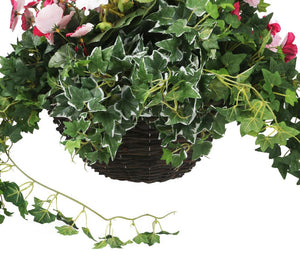 Artificial Pink Pansy and White Geranium Display in a 14″ Round Willow Hanging Basket - Closer2Nature