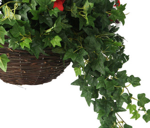 Artificial Red and White Azalea, Pansy and Geranium Display in a 14″ Round Willow Hanging Basket - Closer2Nature
