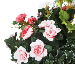 Artificial Pink and White Azalea and Geranium Display in a 12″ Round Willow Hanging Basket - Closer2Nature