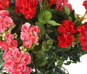 Artificial Pink and Red Geranium Display in a 10″ Round Willow Hanging Basket - Closer2Nature