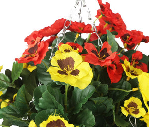 Artificial Yellow and Red Pansy Display in a 10″ Round Willow Hanging Basket - Closer2Nature