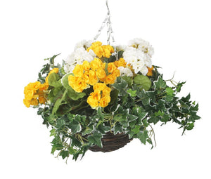 Artificial Yellow and White Geranium Display in a 10″ Round Willow Hanging Basket - Closer2Nature