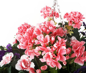 Artificial Purple Pansy, Pink Azalea and Geranium Display in a 14″ Round Willow Hanging Basket - Closer2Nature