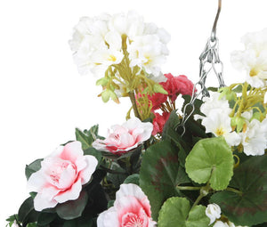 Artificial Pink and White Azalea and Geranium Display in a 10″ Round Willow Hanging Basket - Closer2Nature