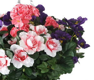 Artificial Purple Pansy, Pink Azalea and Geranium Display in a 12″ Round Willow Hanging Basket - Closer2Nature