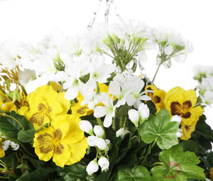 Artificial Yellow and White Pansy and Geranium Display in a 14″ Round Willow Hanging Basket - Closer2Nature